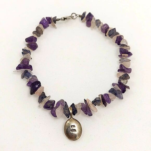 Amethyst & Quartz Chip Bracelet w/ Sterling Friends Charm 7.5" Purple 925 FA - Picture 5 of 9